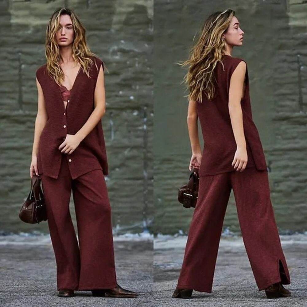 NEW! Free People Stockton Sweater Vest Set Russet brown Two Piece lounge size XS
